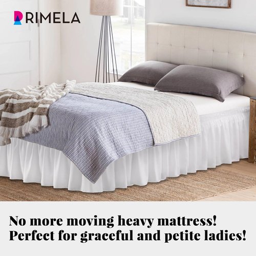 RIMELA White Bed Skirt Queen 15 Inch Drop Silky Luxurious Fabric, Wrinkle and Fade Resistant with Adjustable Elastic Belt Easy to Install Machine Washable Dust Ruffles Bedskirt for Matress Box Spring
