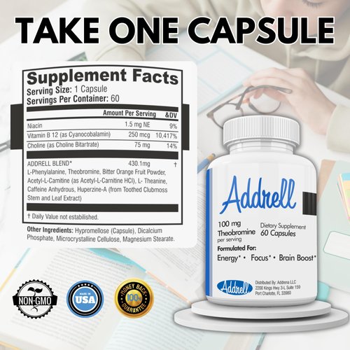 Focus Pep Addrell Energy Stimulant Pills- Natural Nootropic Brain Supplement Alternative Pill & Study Supplements Substitute to Elevate Mental Clarity for Women & Men OTC- 60 Mind Booster Capsules