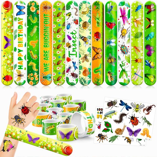 Cherisnowy 48 Bug 24PCS Bug Temporary Tattoos Sticker 24PCS Slap Bracelets Perfect for Themed Birthday Party Favors Baby Showers or Classroom Rewards Ideal Decor and Gifts for Girls and Boys