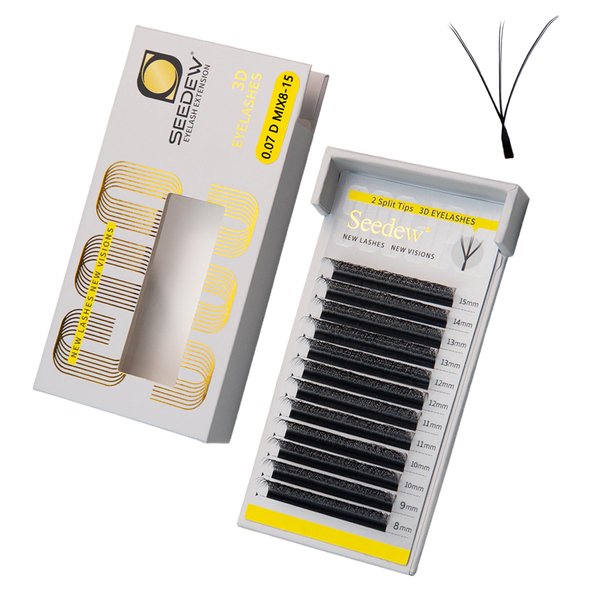 SEEDEW 3D-Double Tips Lash Extensions, 0.07mm D Curl MIX8-15mm 12 Rows/Tray, W Shape 3DD Flat Stem, PBT Natural Eyelashes for Beginner Artist, Lash Tech, Beauty Salon(3DD-Matte Black-0.07-D-MIX8-15mm)