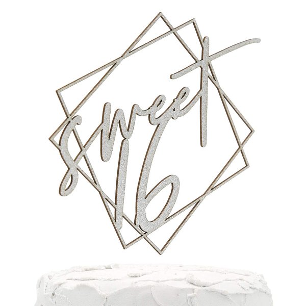 NANASUKO 16th Birthday Cake Topper - Sweet 16 - with Modern Geometric Frame - Double Sided Silver Glitter - Premium Quality Made in USA
