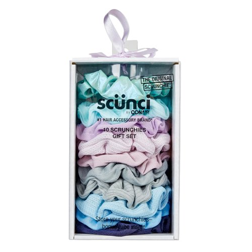 Scunci by Conair Holiday Gift Set for Women, Scrunchie Gift Box Set, Perfect Gift for Mom, Sister or Wife with 10 Hair Ties in Icy Blue Shades