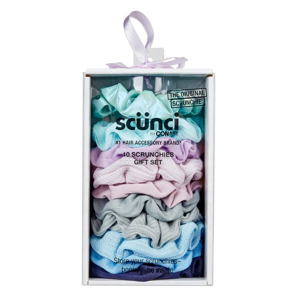 Scunci by Conair Holiday Gift Set for Women, Scrunchie Gift Box Set, Perfect Gift for Mom, Sister or Wife with 10 Hair Ties in Icy Blue Shades