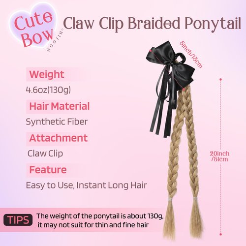 HOOJIH Ponytail Extension Claw Clip Braided Ponytail Extension 20 Inch Double Braided Ponytails Hairpieces for Women - Medium Golden Blonde