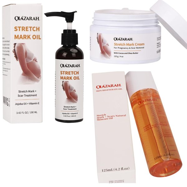 OLAZARAH Skin Aglow Regenerate Body Oil Serum – Vit. E Infused(4 Fl.oz), Stretch Mark Oil – Jojoba Oil Infused(3 Fl. oz), Anti-Stretch Marks Cream(4 Fl. oz) | Hydrating Formula for Firm & Smooth Skin