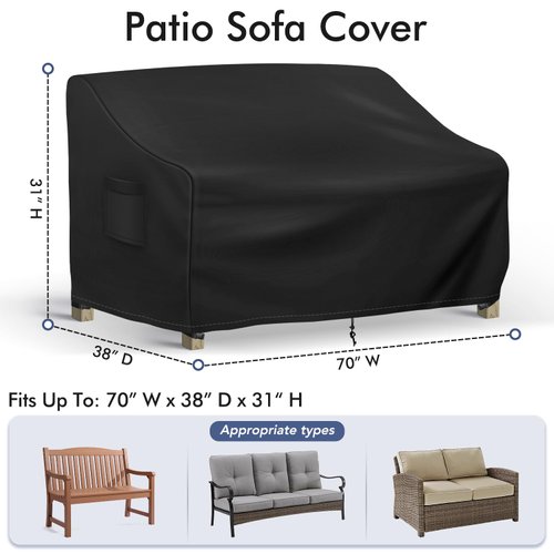 Richwon Outdoor Couch Cover Waterproof, 3-Seater Outdoor Sofa Cover, Patio Furniture Covers with Air Vent and Handles, 70W x 38D x 31H Inches, Black