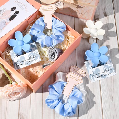 DEEKA 16 Pcs Bridesmaid Proposal Gifts Set Flower Hair Claw Clips with Floral Card & Satin Scrunchies Proposal Box Bridal Party Gift Bridesmaids Bachelorette Party Favors (White&Light Blue)