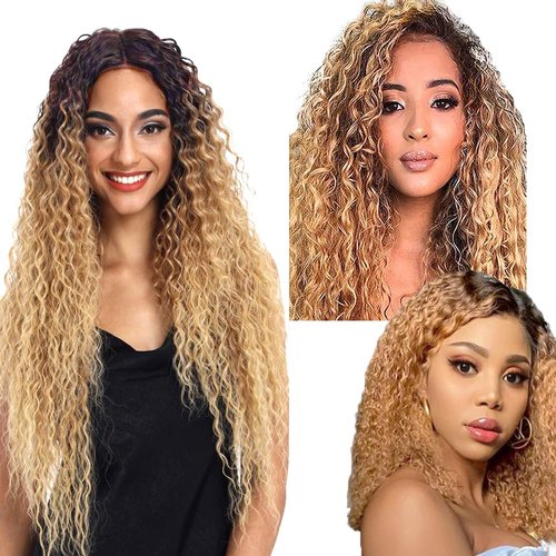 20 22 24 Inch T4/27 Bundles Human Hair Ombre Kinky Curly Bundles Honey Blonde Human Hair Bundles 2 Tone Brown and Honey Blonde Bundles Brazilian Grade 8A Virgin Human Hair Extensions
