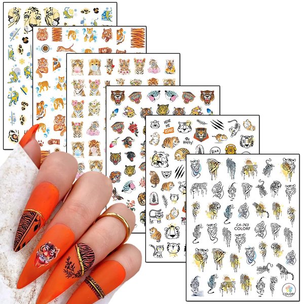 Tiger Nail Art Stickers, Animal Self-Adhesive Sticker Tiger Nail Decals 3D Nail Art Design Holographic Flowers Tiger Nail Art Decal Decoration for Women Girls Manicure Acrylic Nails Supplies(6 Sheets)