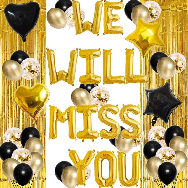 We Will Miss You Balloons Gold Going Away Party Banner Office Work/Goodbye/Retirement/Farewell/Bon Voyage/Job Change/Leaving Job Moving/Graduation Themed Party Supplies Decorations