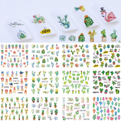 Cactus Nail Stickers Spring Water Transfer Nail Art Stickers Decal Flower Nail Decals for Acrylic Nail Green Cactus Flower Leaf Nail Design Nail Decoration for Women Girls Nail Supplies 12pcs
