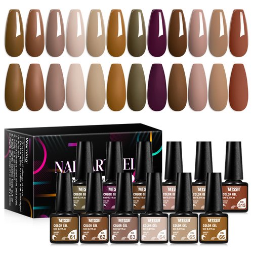 MTSSII 12 Colors Brown Gel Nail Polish Set, Fall Winter Gel Nail Polish Kit, Soak Off UV/LED Nail Polish Nail Art Design Salon Home Gifts for Women