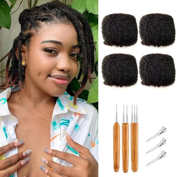 JIFFYLOCS Tight Afro Kinky Bulk Human Hair for Dreadlock Extensions 100% Human Hair,4 Packs 8 Inches Long,Natural Black #1B,Repair Extensions,Making Locs or Braids, with Needles and Hairpin