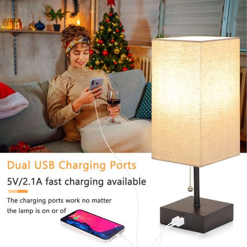GGOYING Bedside Table Lamp, Pull Chain Table Lamp with USB C+A Charging Ports, 2700K LED Bulb, Fabric Linen Lampshade, Nightstand Lamp for Livingroom Bedroom Office Reading Working