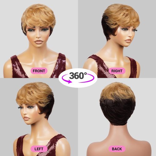 INSTANT FAB Short Human Hair Wigs Pixie Cut Wigs for Black Women Short Pixie Hairstyles Layered Wavy Tapered Back Non Lace Front Wigs - TOPAZ (DL4/27)