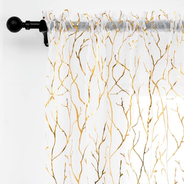 FINECITY Gold Tree Branch Sheer Curtains for Bedroom, Metallic Gold Foil White Sheer Curtains 96 Inch Length for Living Room, 52 x 96 Inch, 2 Panels