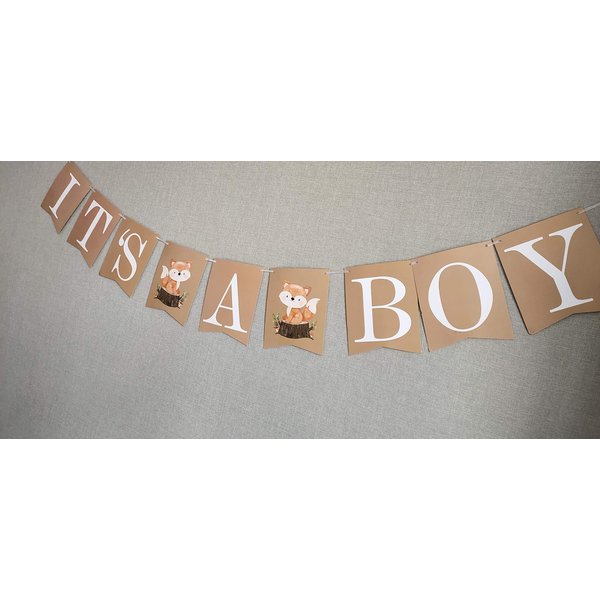 Woodland Creatures ITS A BOY Banner for Baby Shower + Fox, Raccoon, Rabbit, Bear, Squirrel and Porcupine/Animals Themed Decorations Fall Autumn Thanksgiving Banner Decoration