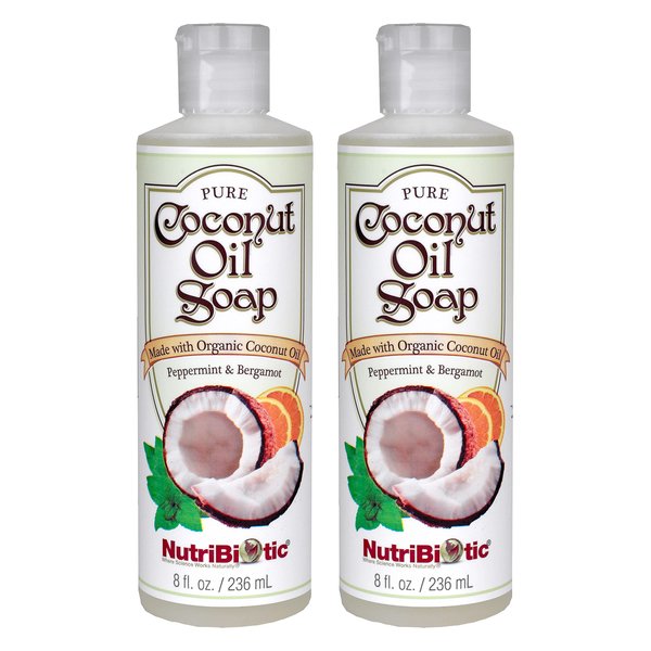 NutriBiotic – Pure Coconut Oil Soap, Peppermint & Bergamot, 8 Oz Twin Pack | Certified Organic, Biodegradable | Vegan & Made without GMOs, Gluten, Parabens Or Sulfates | Thin, Liquid Castille Soap