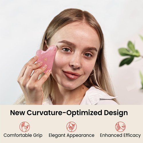 Rena Chris Gua Sha Facial Tools-Fuller, Ergonomic Rose Quartz Jade Gua Sha Stone for Face Massage,Jawline Sculpting and Puffiness Reducing, Skin Care Massager(Pink)