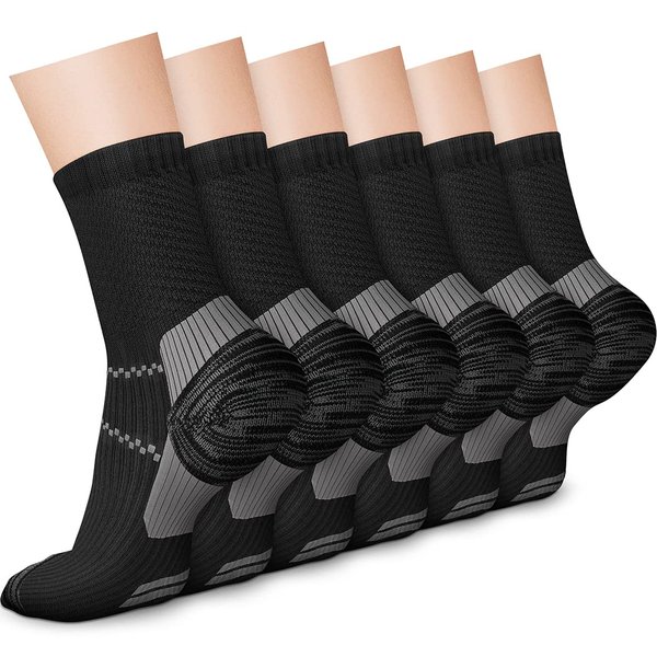 CHARMKING 6 Pairs Crew Compression Socks for Women & Men Circulation 15-20 mmHg is Best for All Day Wear Running Nurse (S/M, Black Grey)