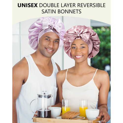 Satin Bonnet Silk Hair Bonnets for Women Curly Hair Wrap for Sleeping Cap Reversible Bonnet with Tie Band Night Cap Double Layer Sleep Cap for Curly Hair (Bean Paste + Light Purple)