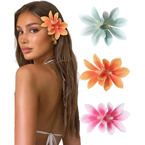 WELROG 3 Pieces Hawaiian Flower Hair Clips for Women - Artificial Tropical Flower Hair Pin Orchid Beach Party Wedding