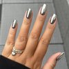 MISUD Press on Nails Medium Square Fake Nails Silver Chrome Glue on Nails Glossy Acrylic Nails Squoval Artificial Nails Bling Metallic Mirror Stick on False Nails with Design 24 pcs