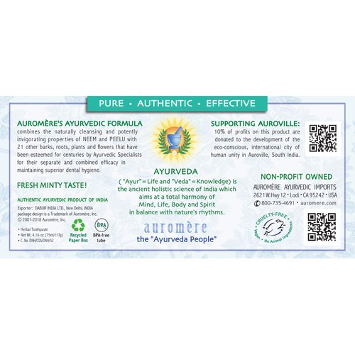 Auromere Ayurvedic Herbal Toothpaste, Fresh Mint - Vegan, Natural, Non GMO, Fluoride Free, Gluten Free, with Neem & Peelu (4.16 oz), 2 Pack