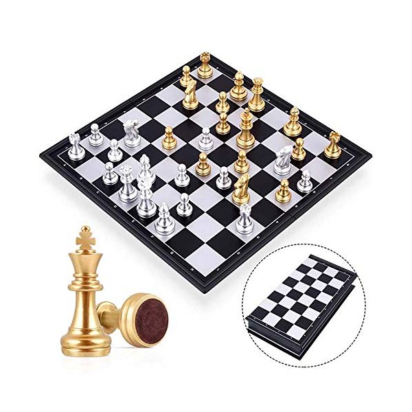 Mini Magnetic Chess Board Game with Gold and Silver Color Pieces, Foldable Durable, Easy to Carry (7.8 inch)