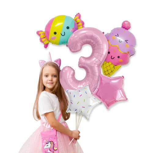 Ice Cream Birthday Decorations, 5 Pcs Dokuna Ice Cream Balloons 3rd Birthday Decorations for Girls, Giant Number 3 Foil Mylar Balloon, 3 Years Old Ice Cream Theme Birthday Party Supplies Decor (3rd)