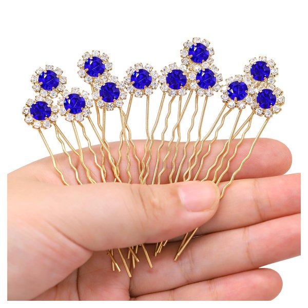 Ammei Crystal Bridal Hair Pins Clips Wedding Hair Accessories Hair Set Jewelry With Rhinestone For Brides and Bridesmaids Set Of 12 (Gold Plated-Blue)