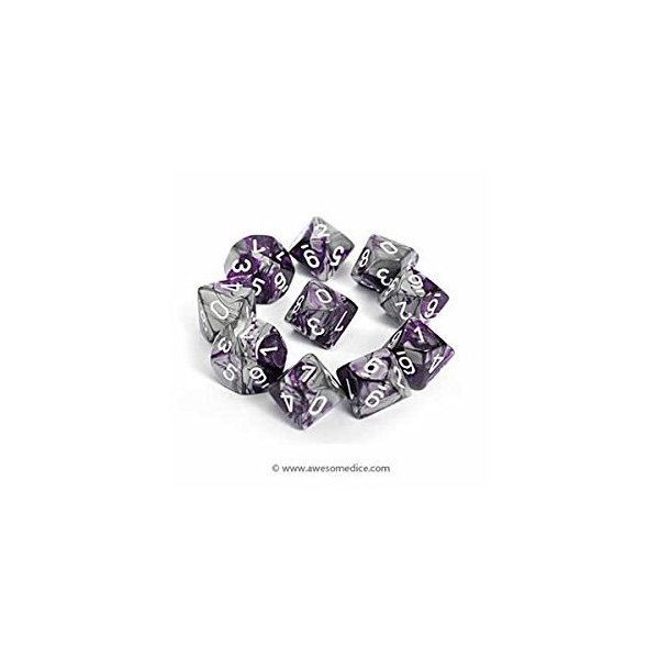 Chessex Dice Sets: Gemini Purple & Steel with White - Ten Sided Die d10 Set (10)