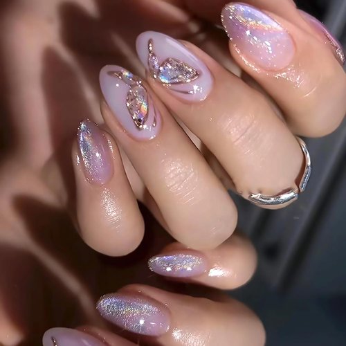 Tyuimhx Purple Press on Nails Medium Almond Fake Nails Glitter False Nails with Gold Butterfly Designs Full Cover Stick on Nails Acrylic Artificial Nails for Women Girls Glue on Nails 24Pcs