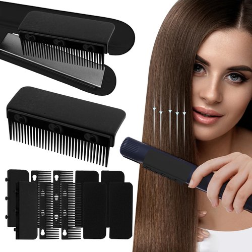2 Pcs 2024 New Flat Iron Comb, Flat Iron Comb Attachment Clip On, Upgrade Barber Hair Straightening Comb, Professional or Home Use Compact Hair Styling Tool (Black+Black)