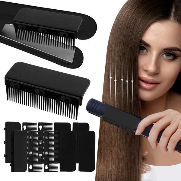 2 Pcs 2024 New Flat Iron Comb, Flat Iron Comb Attachment Clip On, Upgrade Barber Hair Straightening Comb, Professional or Home Use Compact Hair Styling Tool (Black+Black)