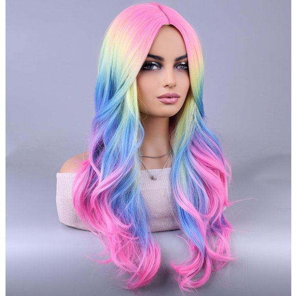 BERON Rainbow Wig Long Wavy Wig Rainbow Wig for Women Girls Colorful Wig for Cosplay Party Long Wig Multicolor Wigs with Wig Cap