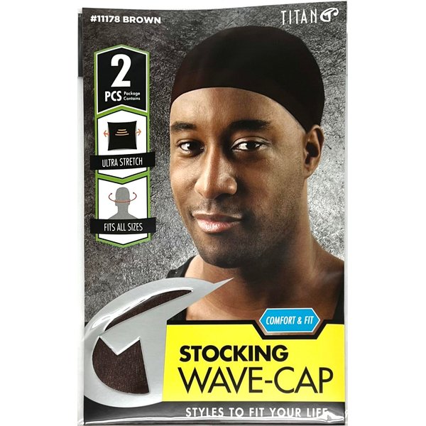 Titan Stocking Wave Cap 2PCS Hair Wrap Stocking Waves for Sleeping Satin Loc Wigs Durags Hat Caps Net Rag Turban Beanies, BROWN COLOR