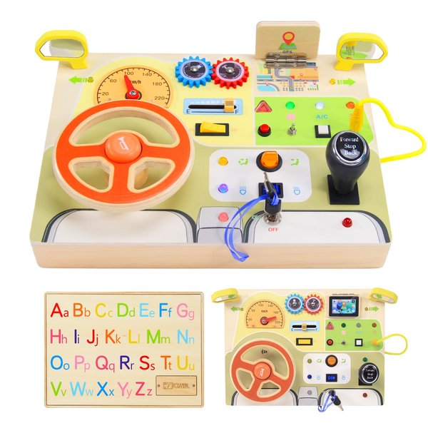 TQJ Montessori Busy Board for Toddlers Baby Busy Board Car Steering Wheel Wooden Sensory Board Travel Toys for Fine Motor Skill Gift for 1 2 3+ Years Old Boys Girls Christmas Birthday Parents