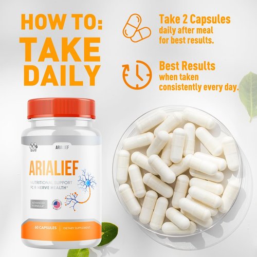 Arialief Capsules, Official Arialief Nerve Pills with All Natural Ingredients, Advanced Aria LIEF PrimePalm Sciatica Support Supplement, AriaLeaf Maximum Strength Nerve Support Vitamin (60 Capsules)