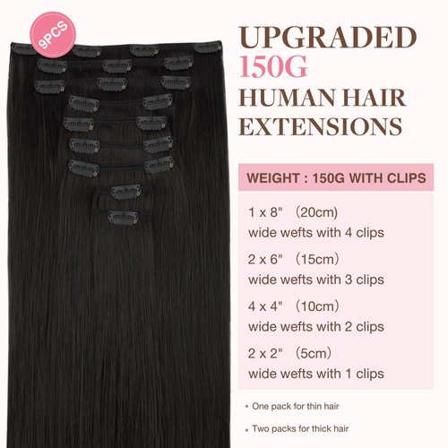GOO GOO Clip in Hair Extensions Real Human Hair, 14inch 150g 9Pcs, 1B Natural black, Remy Human Hair Extensions Clip ins for Women, Natural Human Hair