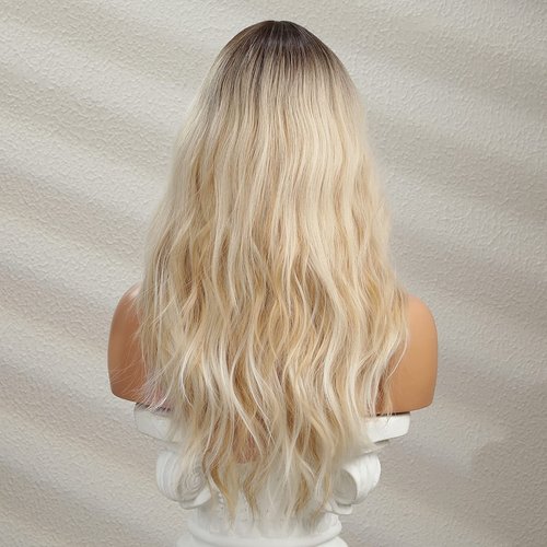 BERON Blonde Wigs Long Wavy Women Wigs with Bangs Blonde Ombre Curly Heat Resistant Synthetic Wigs for Daily Wigs Wig Cap Included