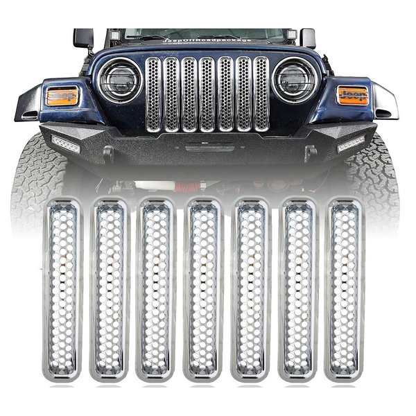Hooke Road Chrome Front Grill Mesh Grille Inserts Cover Compatible with 1997-2006 Jeep Wrangler TJ & Unlimited (Pack of 7)