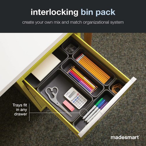 Madesmart 8-Piece Interlocking Bin Pack for Drawer Organization, Plastic Interlocking Junk Drawer Organizer Tray, Granite
