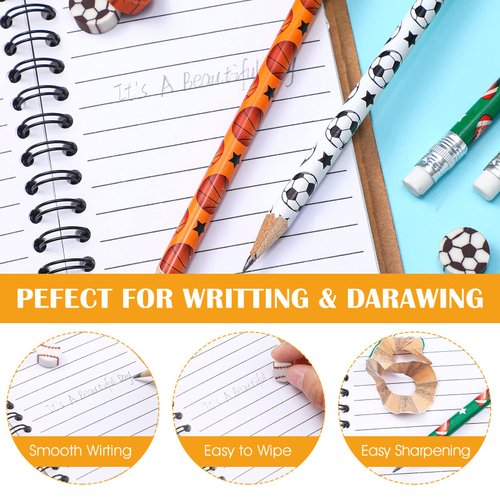 36 Pcs Sports Pencils and 36 Pcs Sports Ball Erasers Fun Wooden Pencils with Sports Eraser for Kids Sports Themed Birthday Party Favors School Office Supplies (Sports)