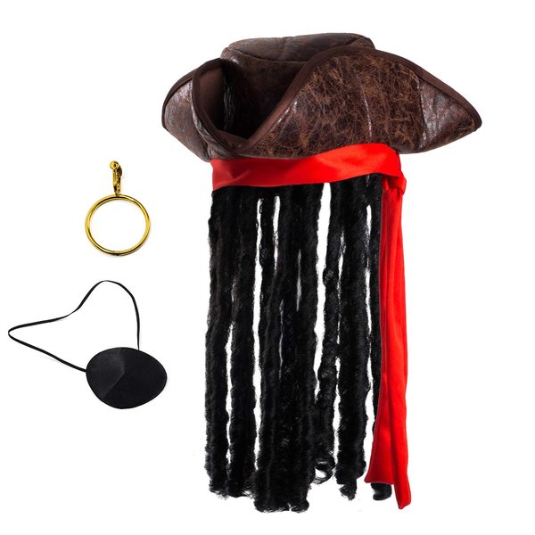 Tigerdoe Pirate Hat with Dreadlocks - Tricorn Pirate Hat - Caribbean Pirate Hat - Pirate Costume Accessories (3 Pc Set), Brown