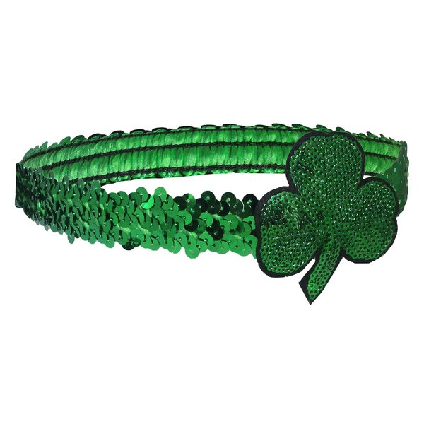 Womens St. Patricks Day Shamrock Headband Sequin Clover Glitter Elastic Hairband Costume Accessory, Adjustable, Green