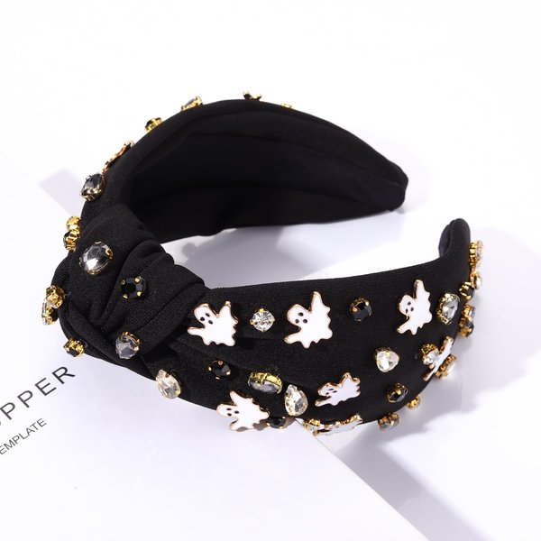 CEALXHENY Halloween Headbands for Women Halloween Accessories Gothic Ghost Knotted Headband Embellished Rhinestone Pearl Top Knot Headbands Halloween Costume Party Hair Accessory Gifts (Ghost)