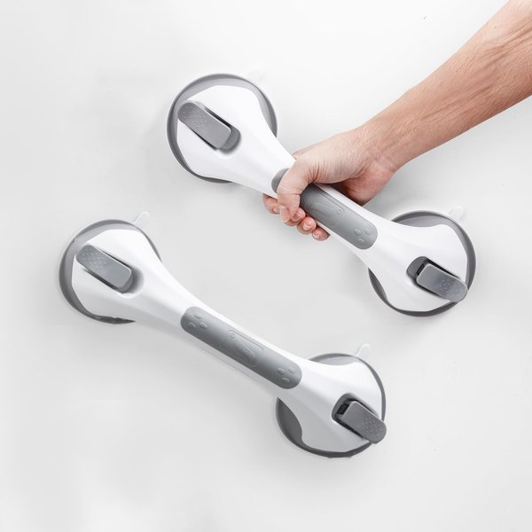 TAILINK 2 Packs Shower Grab Bars Suction Cup 12 inch, Grab Bars for Shower and Bathroom, Safety Handle for Elderly and Seniors, Removable Waterproof Bathtub Handle, No Drilling, Grey