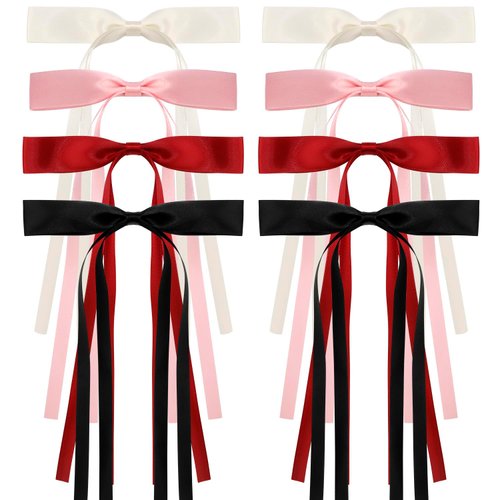 Atoden Hair Bows Hair Ribbon Tassel Bow Hair Clips 8 Pcs Coquette Bows Silky Satin Long Tail Bowknot Hair Clips Alligator Clips Cute Hair Accessories for Women Girls Gifts Beige Pink Red Black