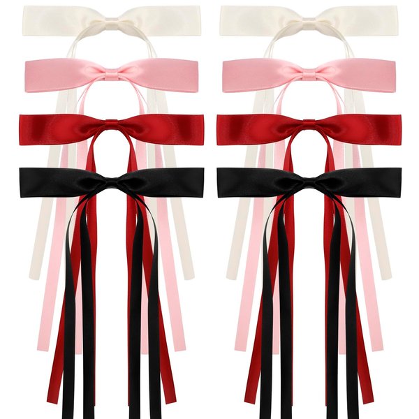 Atoden Hair Bows Hair Ribbon Tassel Bow Hair Clips 8 Pcs Coquette Bows Silky Satin Long Tail Bowknot Hair Clips Alligator Clips Cute Hair Accessories for Women Girls Gifts Beige Pink Red Black